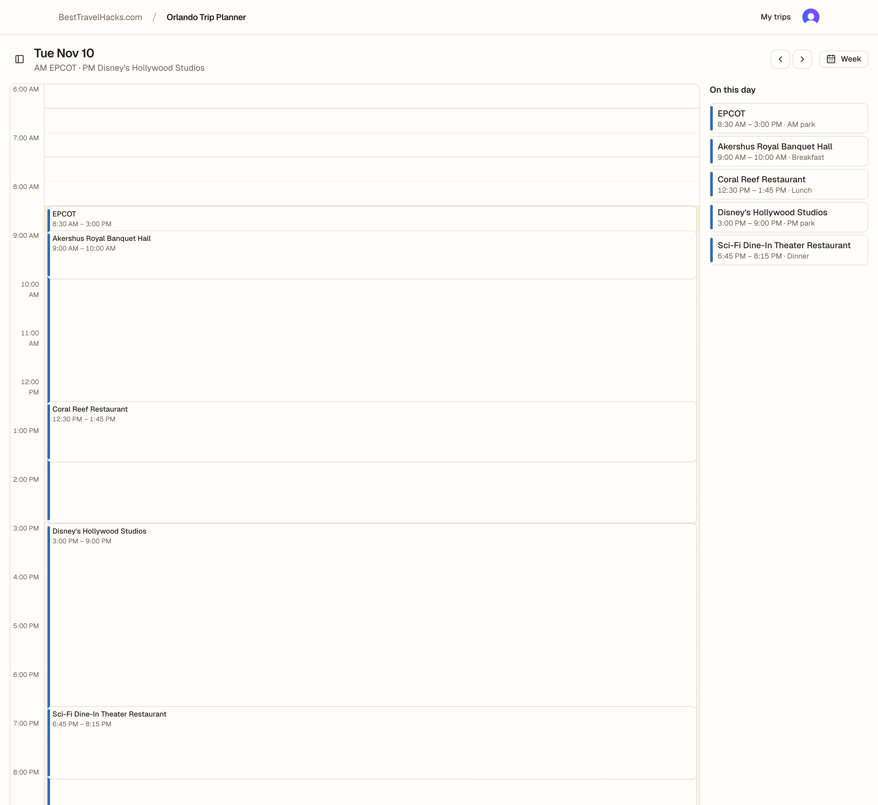 A single day on an hourly timeline, with park hours shaded and items placed by time.
