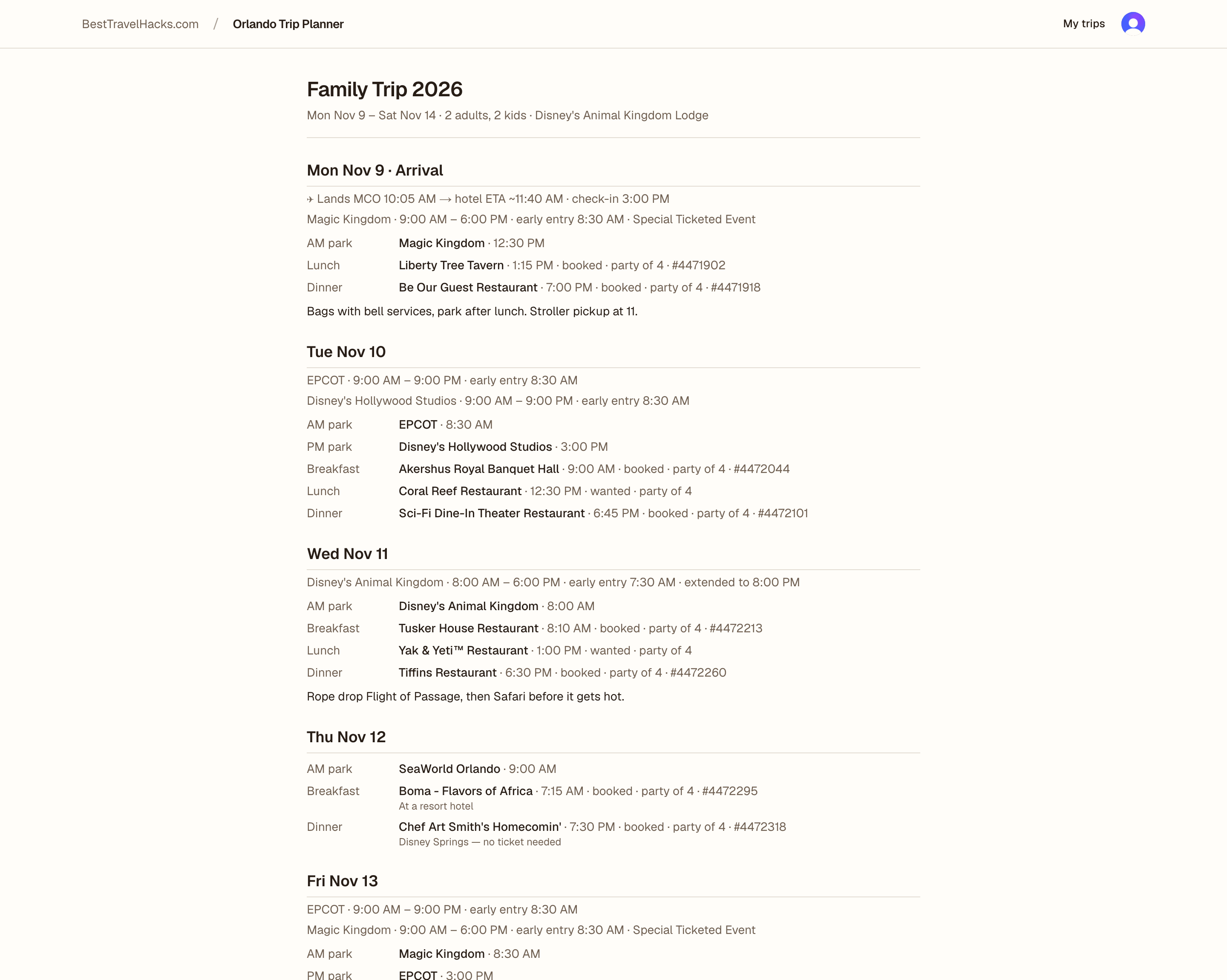 The printable itinerary, one section per day.