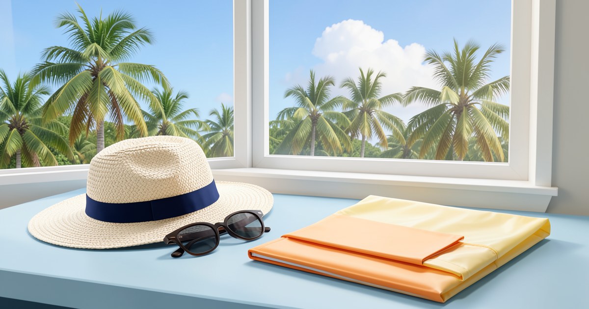 Illustrated sun hat, sunglasses and folded travel items on a blue desk beside a palm-tree window.