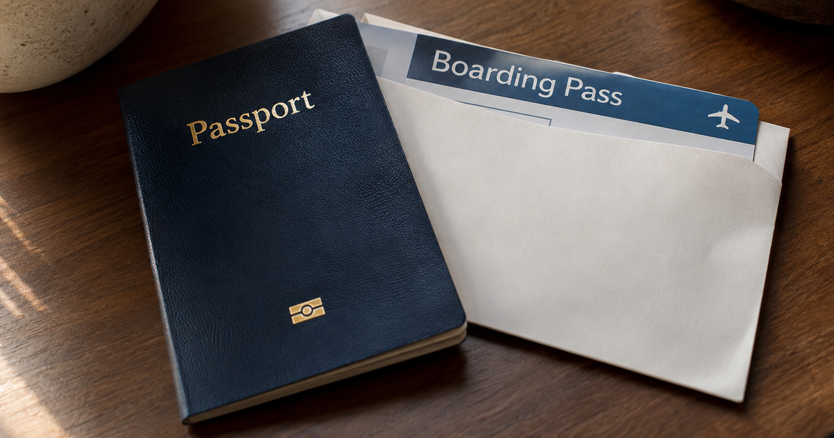Passport and a boarding pass tucked into an envelope on a wooden desk.
