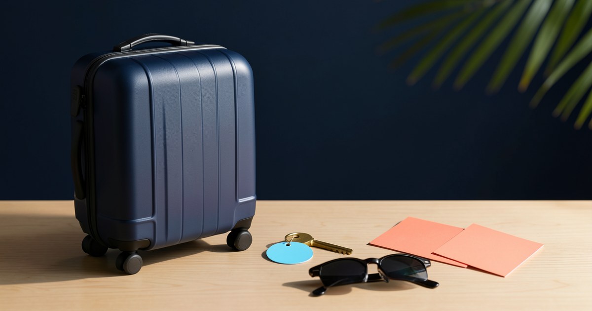 Illustrative travel still life with a navy suitcase, brass key with a blue tag, coral cards, sunglasses and a palm frond.