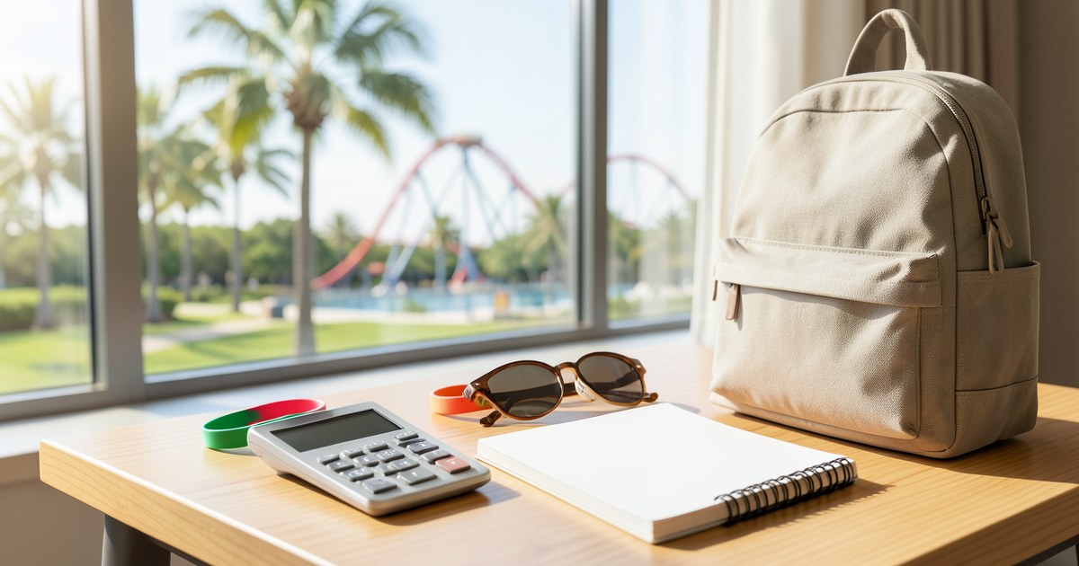 Illustration of a vacation budget notebook, calculator and backpack beside a window overlooking a generic theme park.