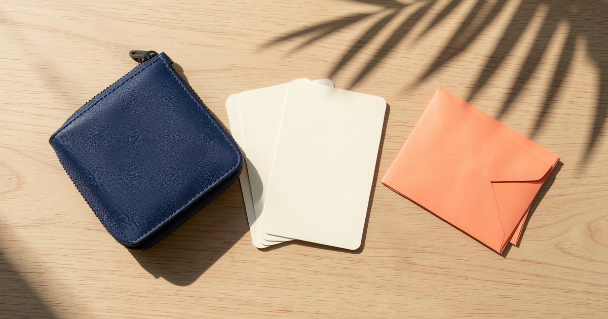 Navy travel wallet, blank cream cards and coral envelopes on a wooden table under palm shadows.