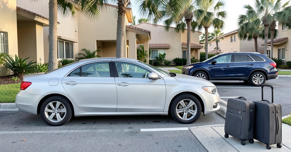 Photorealistic illustration of cars and suitcases beside a palm-lined resort driveway