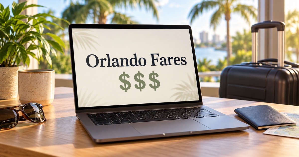 Illustration of a laptop showing Orlando Fares and dollar signs beside a suitcase and passport.